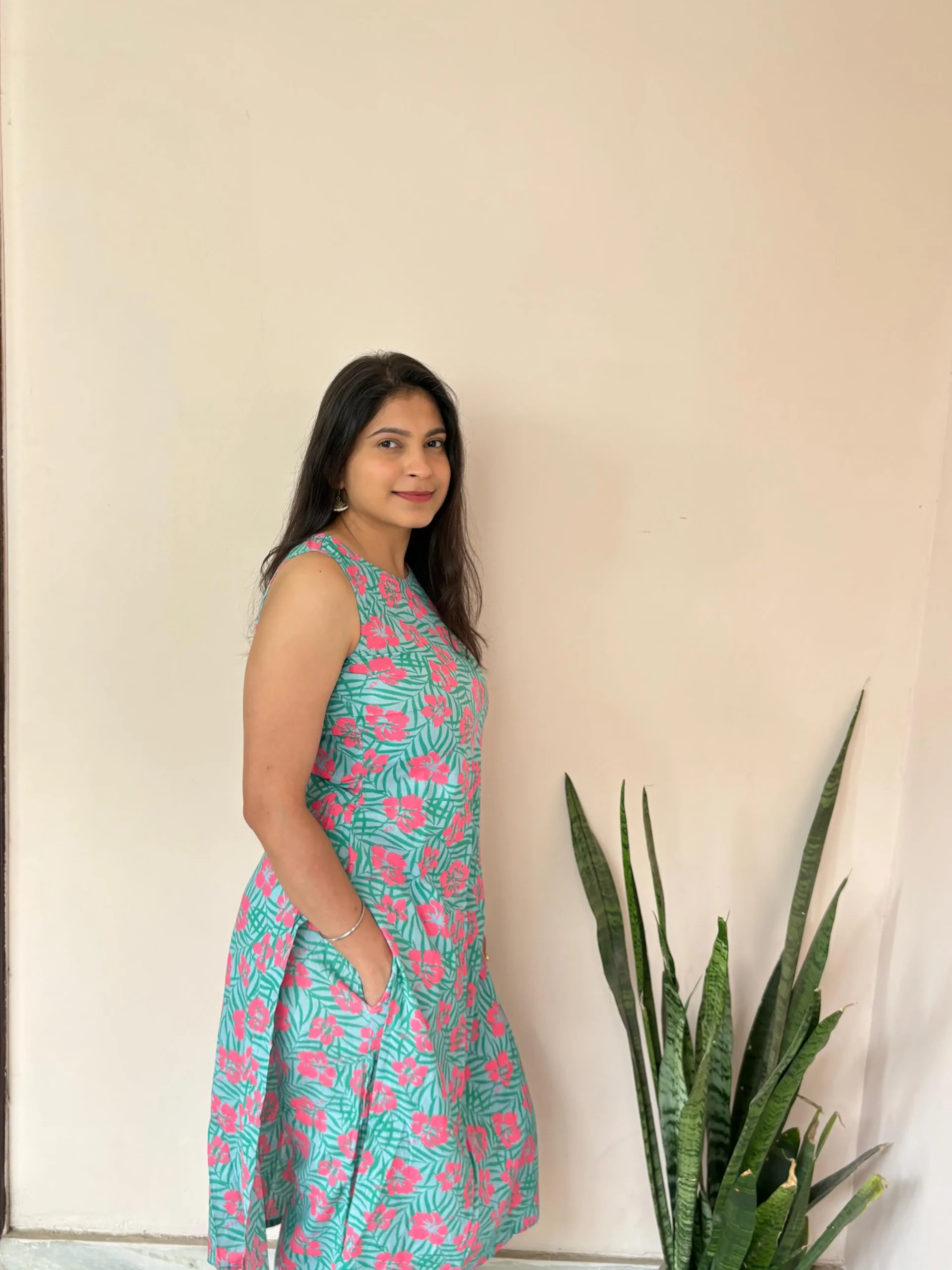 Camellia coral hibiscus print aqua kurta set full length women