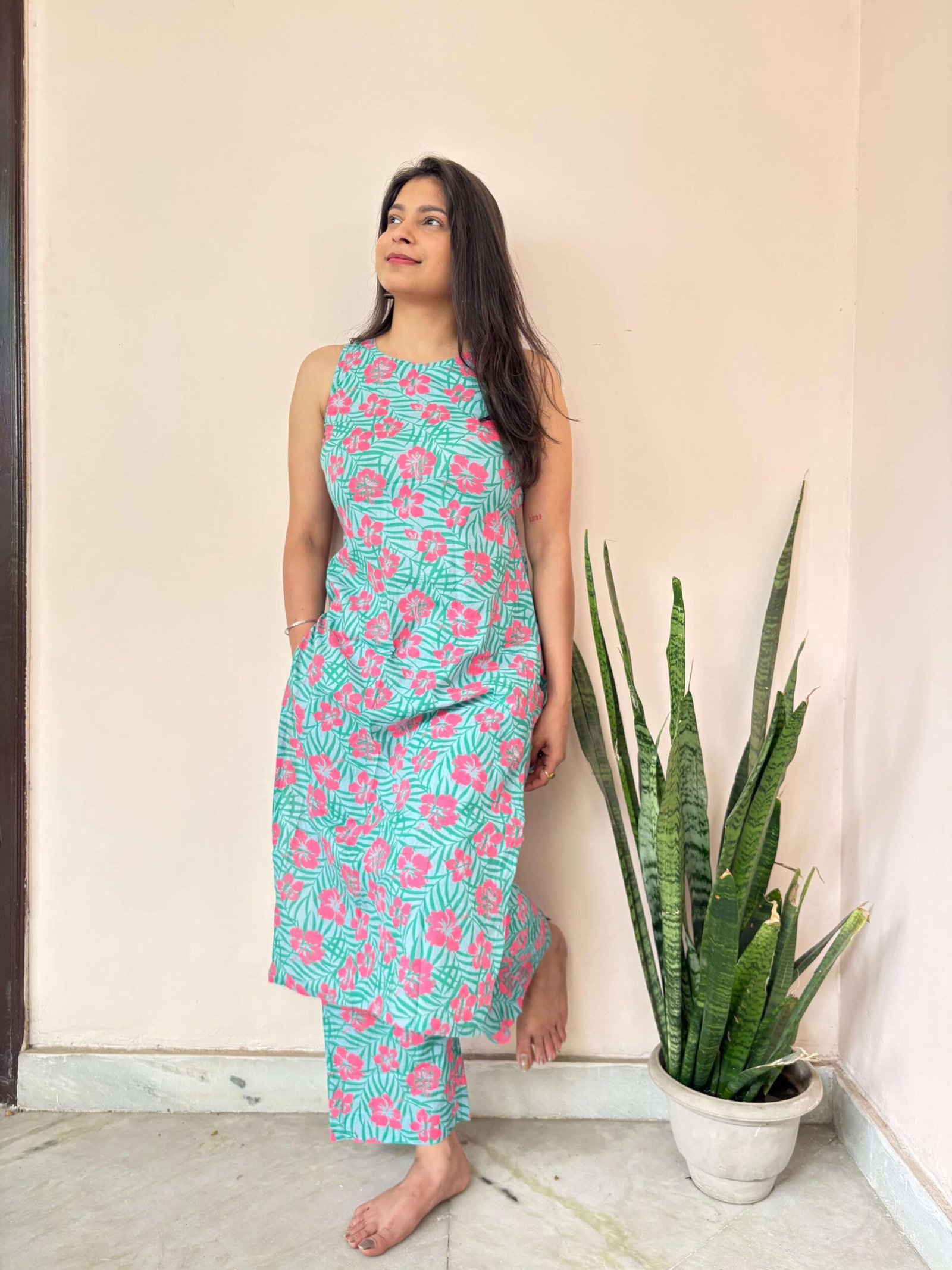 aqua floral print sleeveless kurta set women with matching pants full view