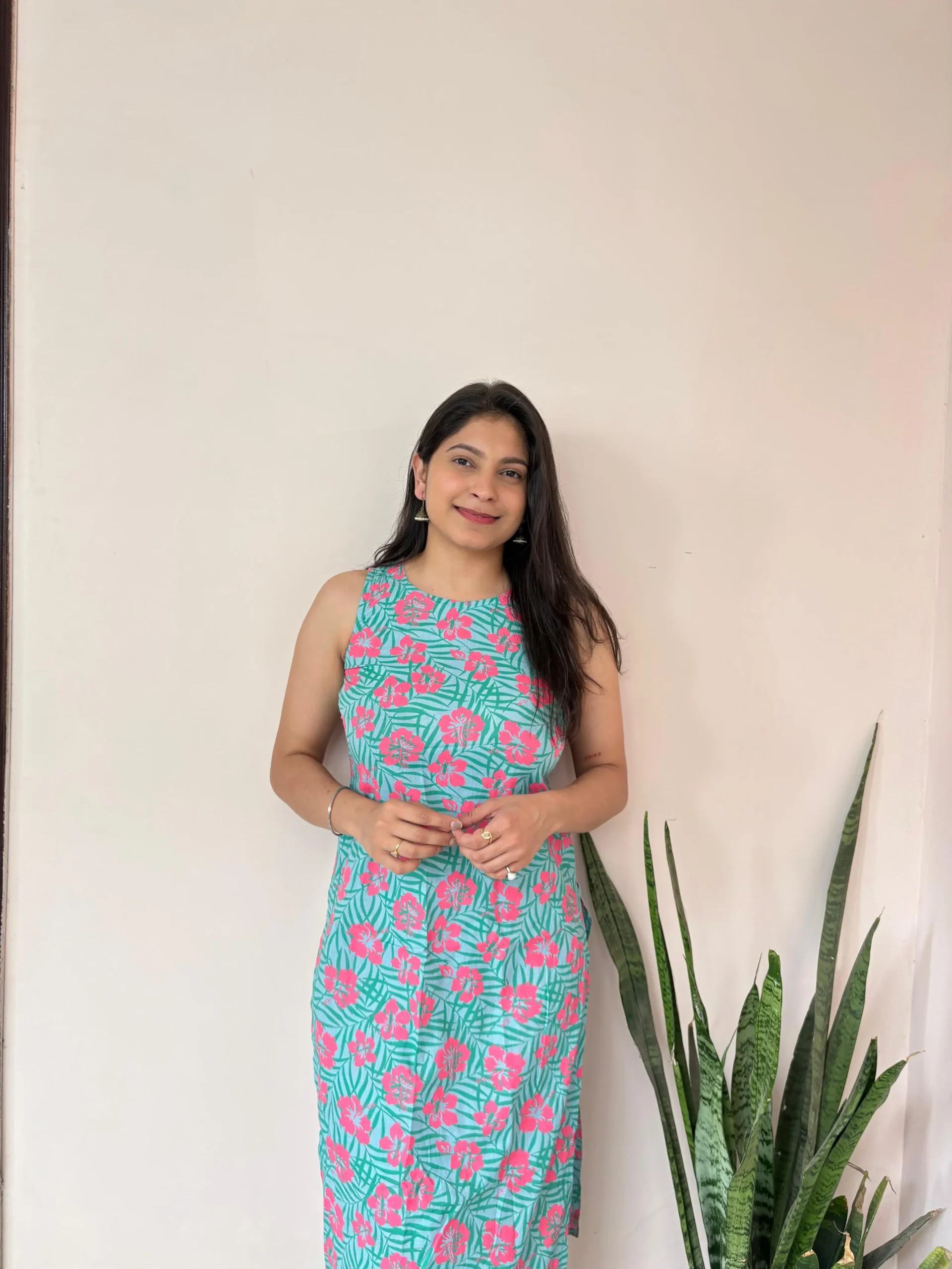 Camellia aqua floral sleeveless kurta front view high neckline
