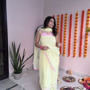 Buttercup Set lemon yellow kurti set pink neckline front view – Dayaara
