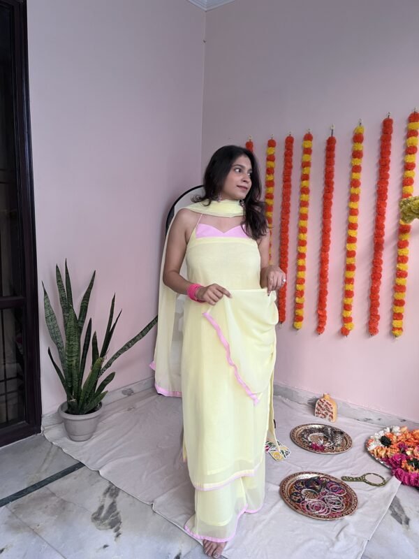 Buttercup Set lemon yellow kurti set pink neckline front view – Dayaara