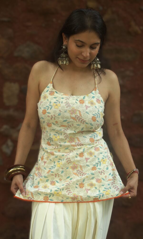 Nargis Set cream floral strappy top dhoti pants front view – Dayaara